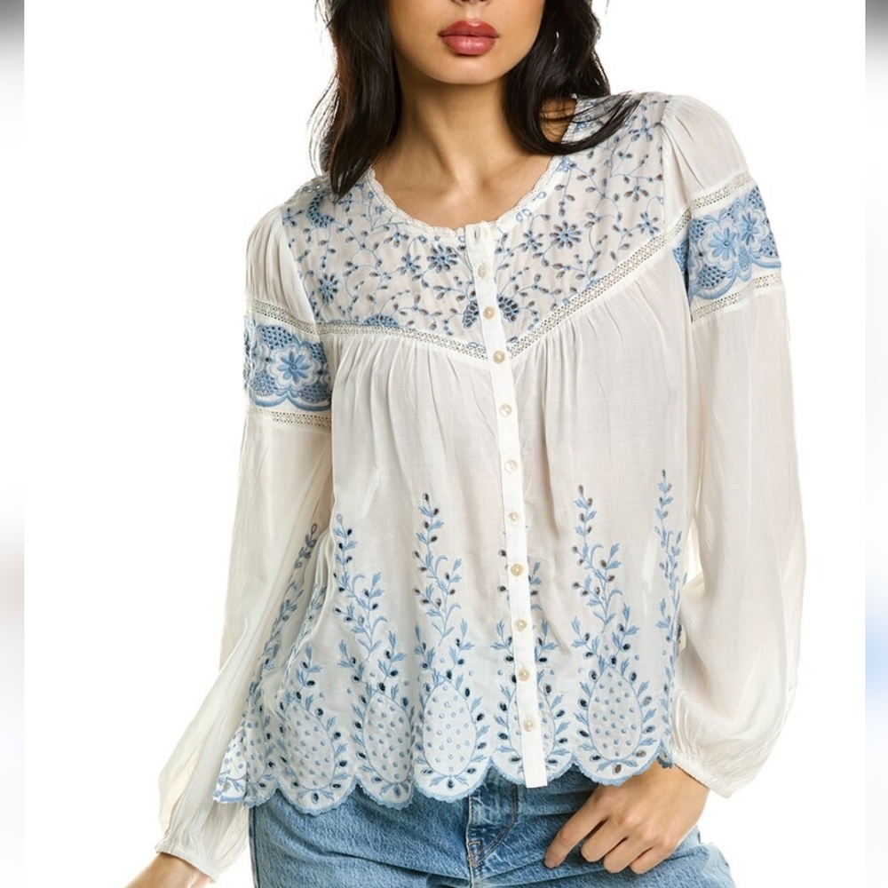 LoveShackFancy Badyn Embroidered Voile Eyelet Lace Blouse